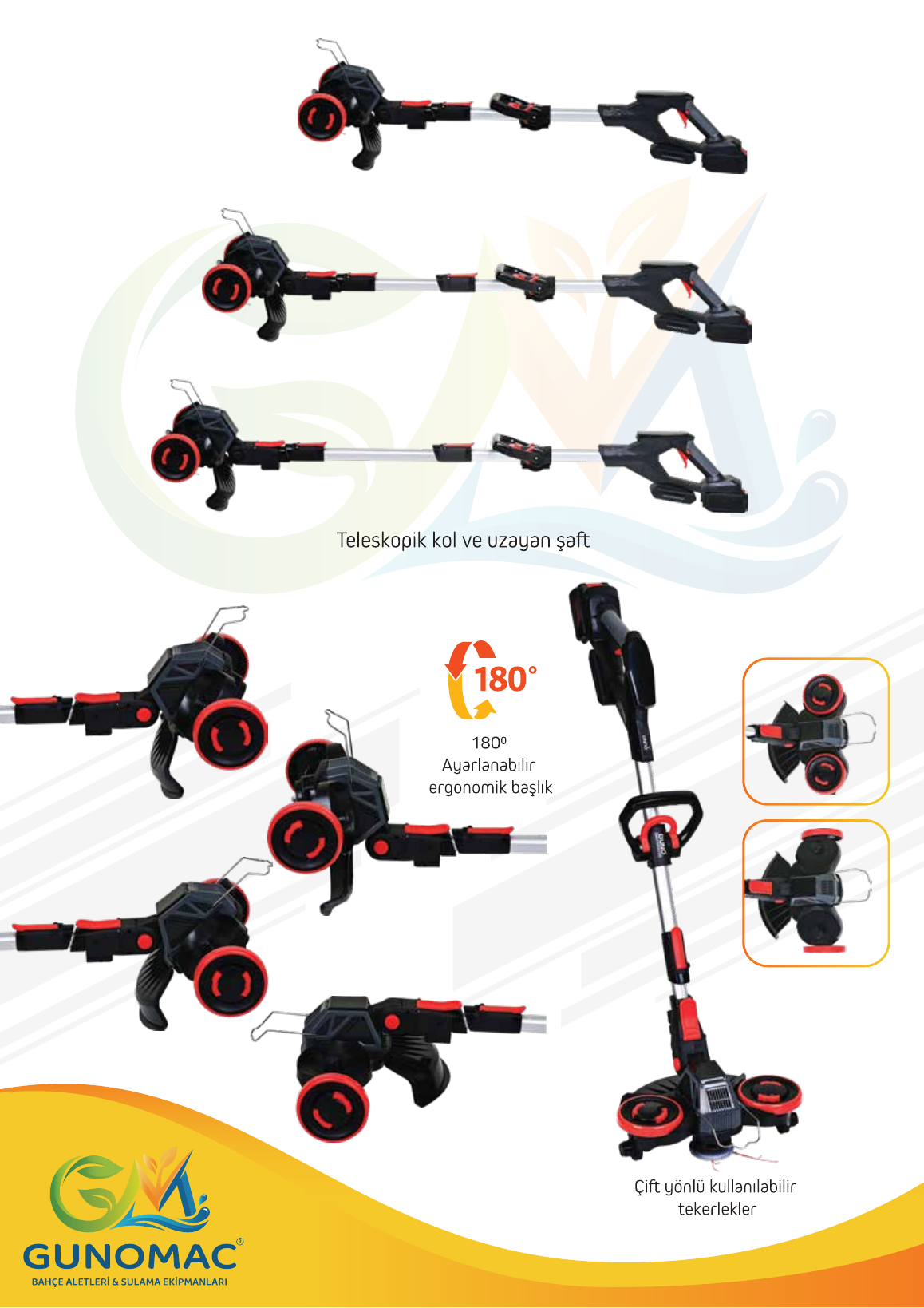 Akülü tırpan teleskopik kol, ayarlanabilir başlık ve tekerlek sistemi detayları